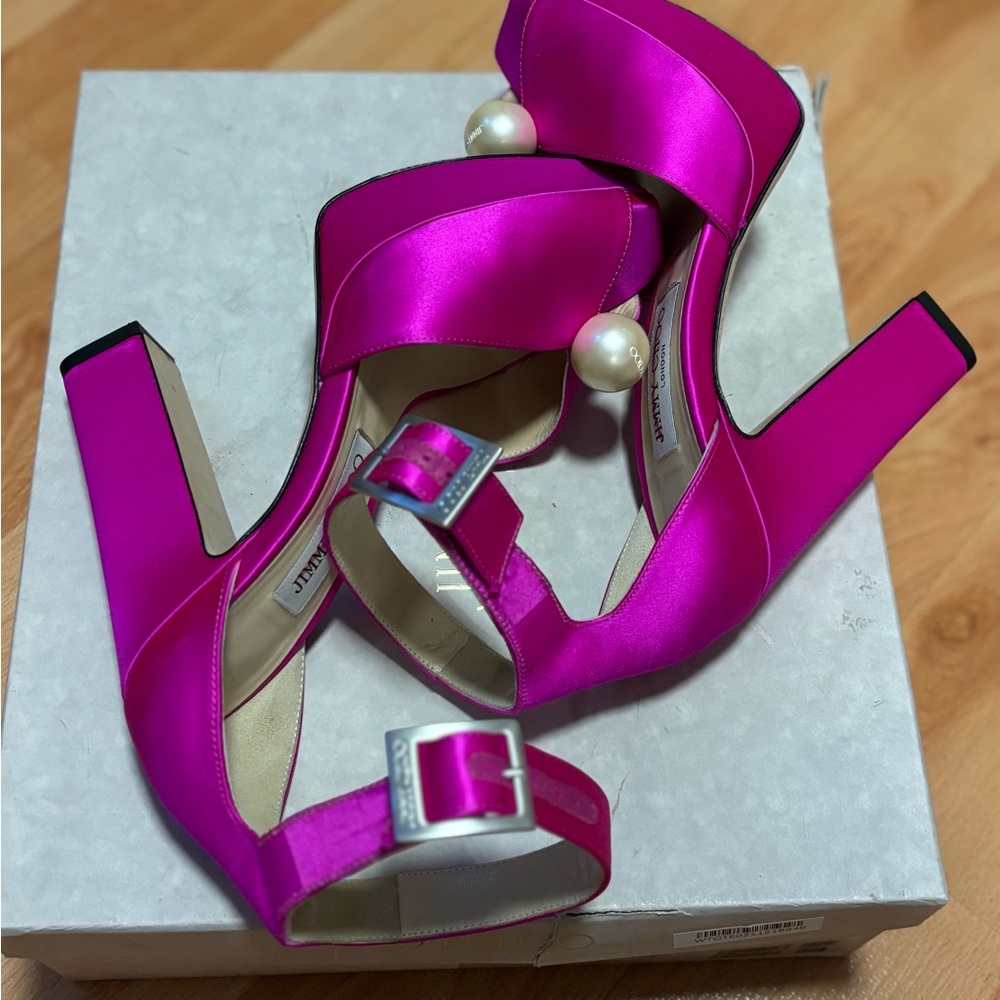 Jimmy Choo Pink Satin Heels with Pearl Detail - Picture 3 of 8